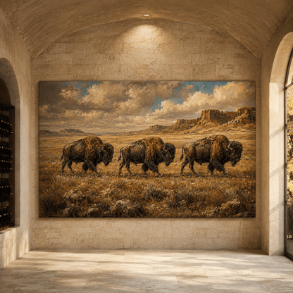 Bison Trio Crossing the Plains Wrapped Canvas Wall Art – Classical Western Landscape Print - ART OF ROYALS