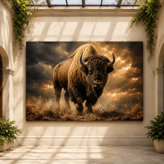 Charging Bison in Storm Wrapped Canvas Wall Art – Cinematic Dramatic Wildlife Print - ART OF ROYALS