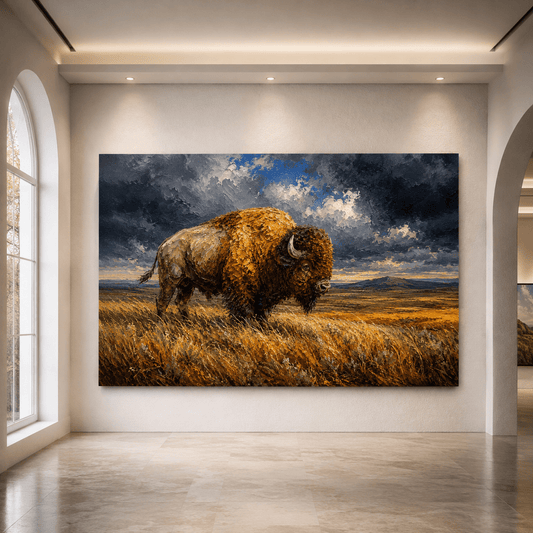 Bison Beneath Stormy Sky Wrapped Canvas Wall Art – Dramatic Impasto Oil Painting Print - ART OF ROYALS