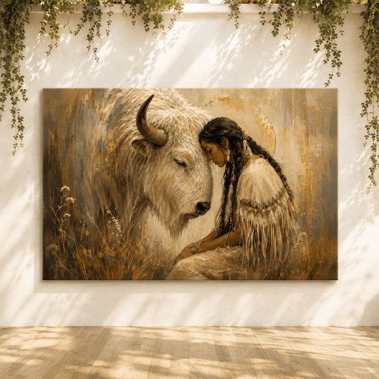 Native American Woman with White Buffalo Wrapped Canvas Wall Art – Sacred Golden Oil Painting Print - ART OF ROYALS