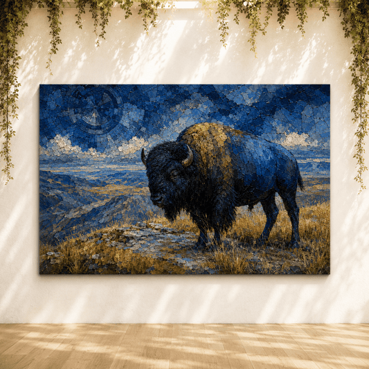 Mosaic Blue Bison Overlook Wrapped Canvas Wall Art – Mystical Gemstone Landscape Print - ART OF ROYALS
