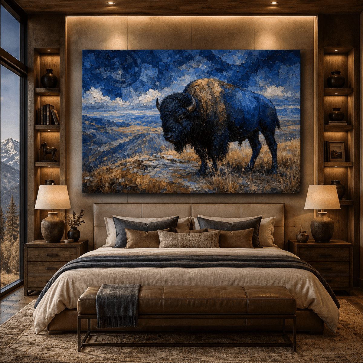 Mosaic Blue Bison Overlook Wrapped Canvas Wall Art – Mystical Gemstone Landscape Print - ART OF ROYALS