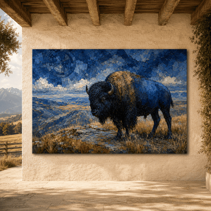 Mosaic Blue Bison Overlook Wrapped Canvas Wall Art – Mystical Gemstone Landscape Print - ART OF ROYALS