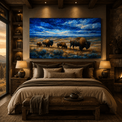 Stained Glass Bison Family Wrapped Canvas Wall Art – Mosaic Sky Wildlife Print - ART OF ROYALS