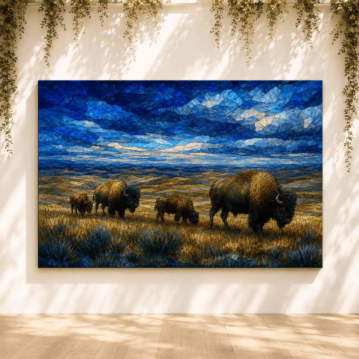 Stained Glass Bison Family Wrapped Canvas Wall Art – Mosaic Sky Wildlife Print - ART OF ROYALS