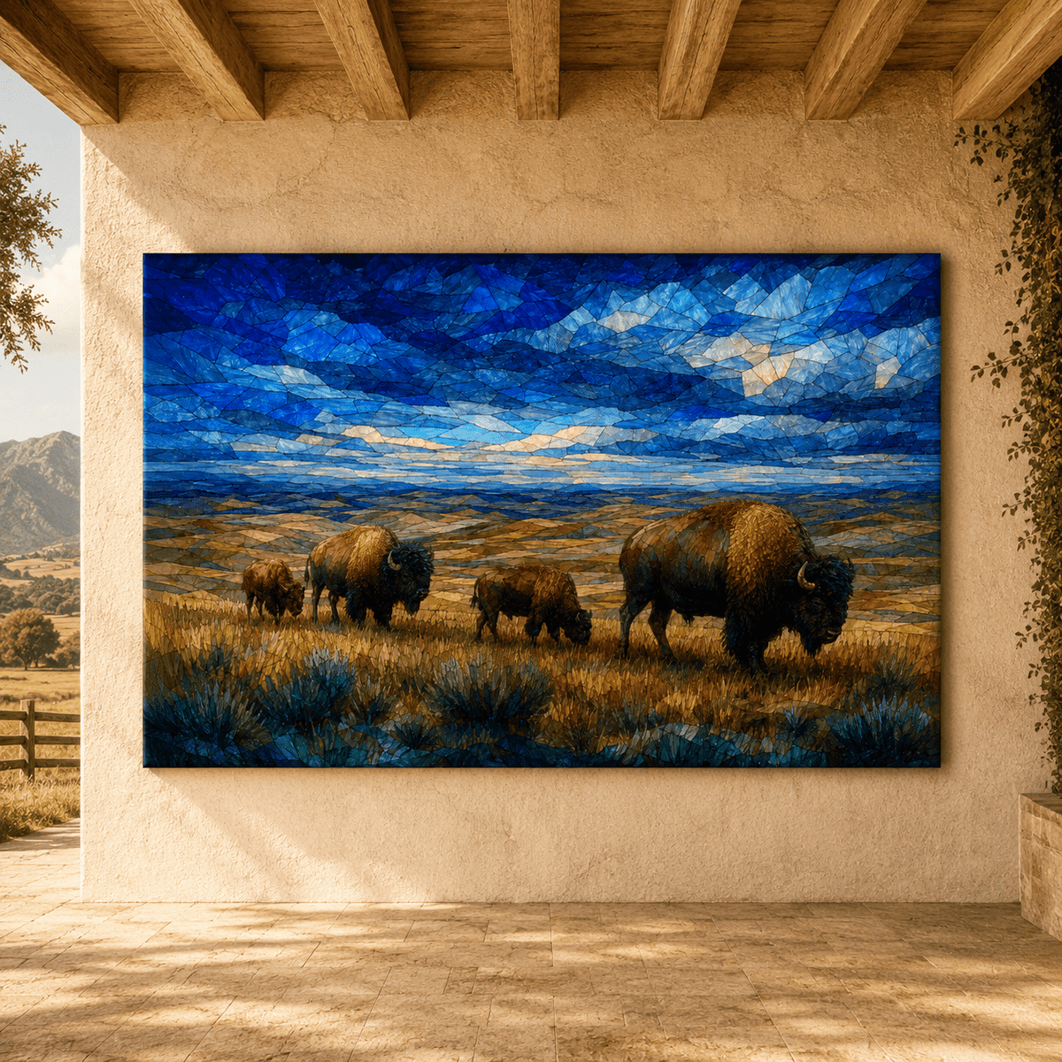 Stained Glass Bison Family Wrapped Canvas Wall Art – Mosaic Sky Wildlife Print - ART OF ROYALS