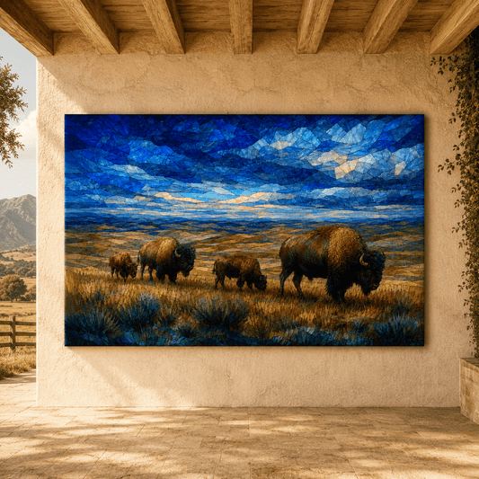 Stained Glass Bison Family Wrapped Canvas Wall Art – Mosaic Sky Wildlife Print - ART OF ROYALS