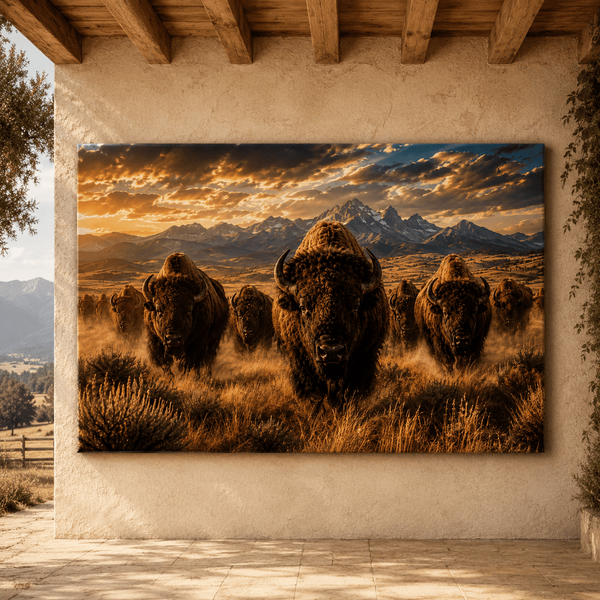 Bison Herd Before the Tetons Wrapped Canvas Wall Art – Epic Mountain Wildlife Print - ART OF ROYALS