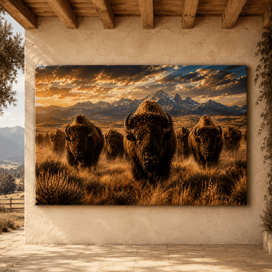 Bison Herd Before the Tetons Wrapped Canvas Wall Art – Epic Mountain Wildlife Print - ART OF ROYALS