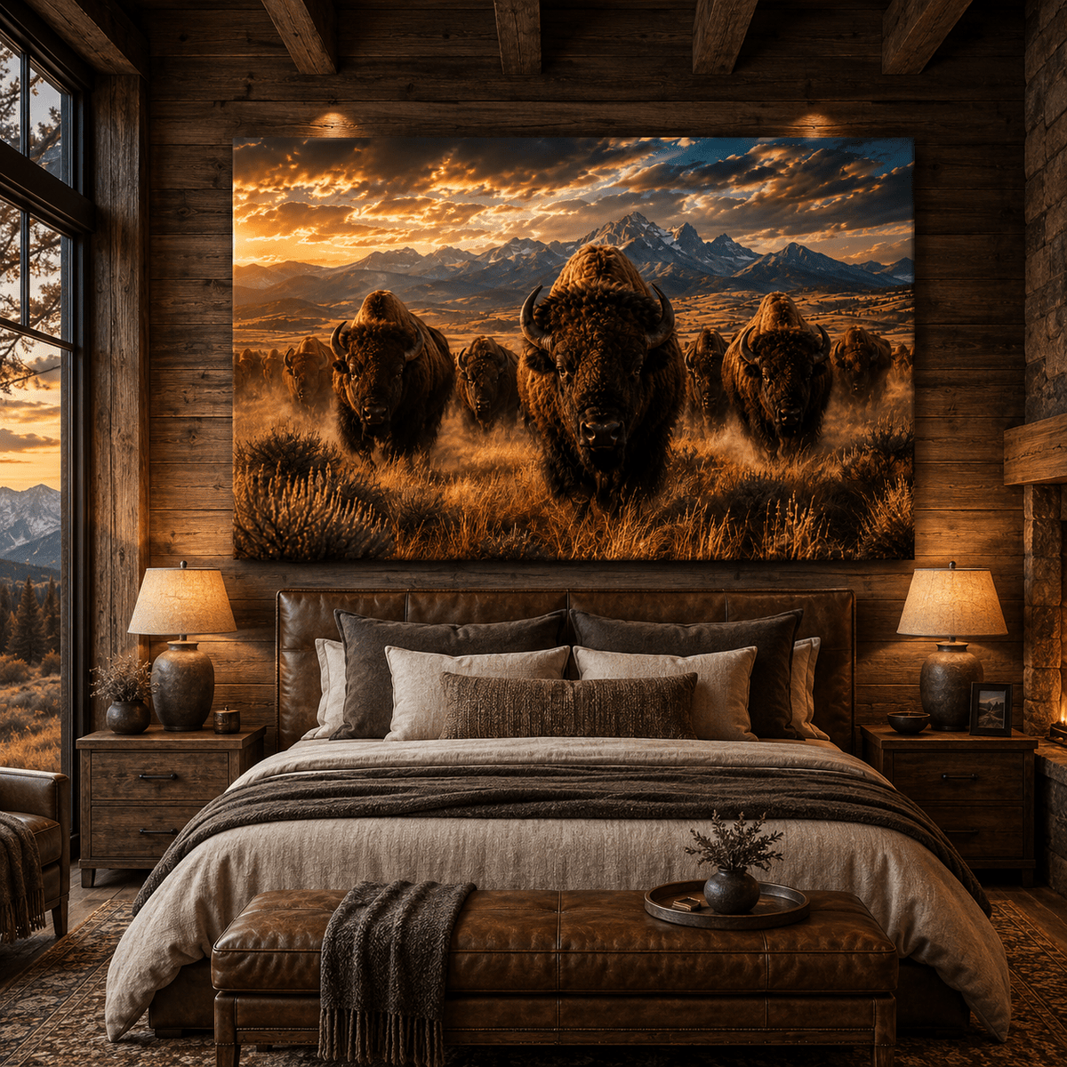 Bison Herd Before the Tetons Wrapped Canvas Wall Art – Epic Mountain Wildlife Print - ART OF ROYALS