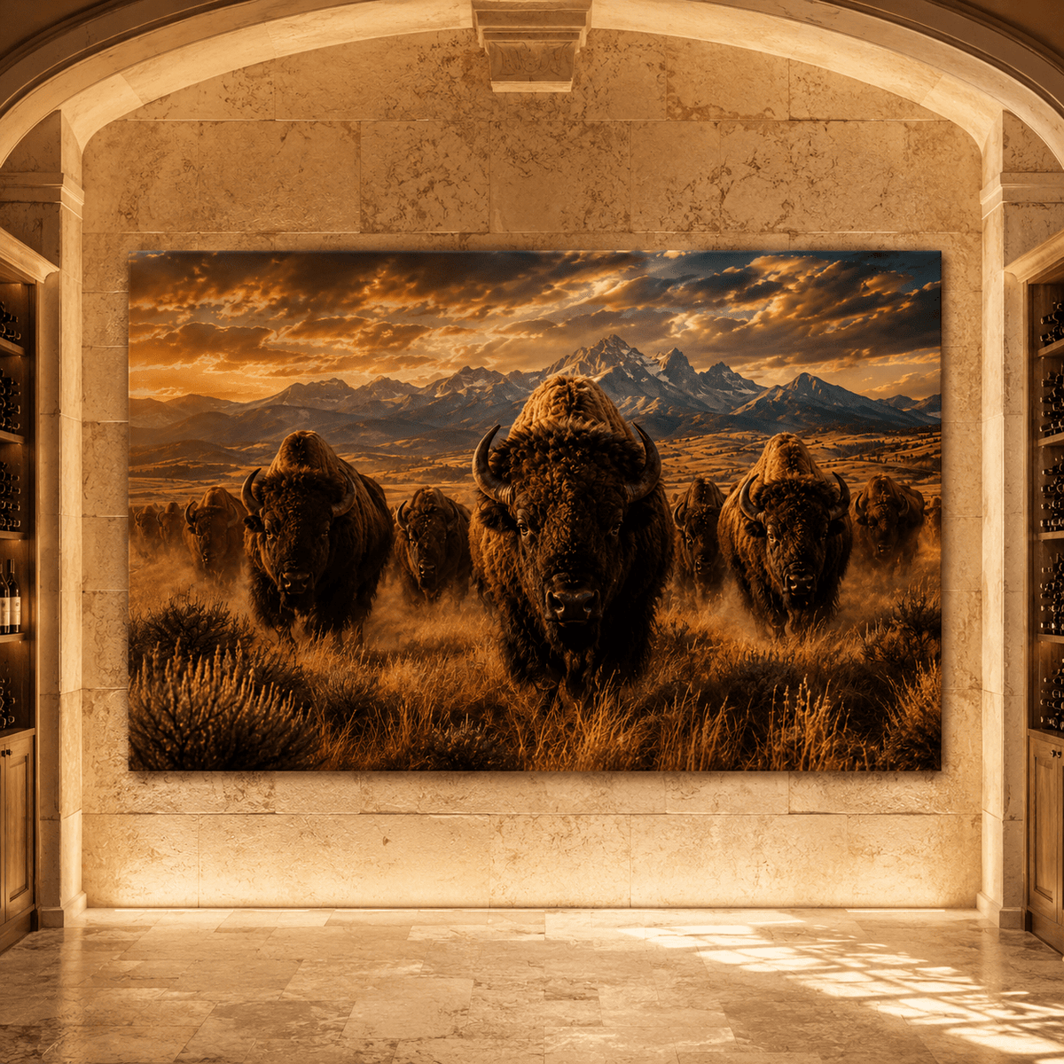 Bison Herd Before the Tetons Wrapped Canvas Wall Art – Epic Mountain Wildlife Print - ART OF ROYALS