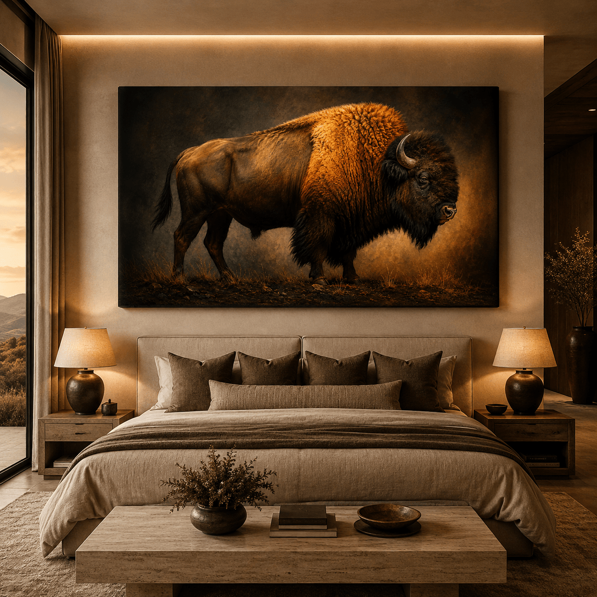Bison Studio Portrait Wrapped Canvas Wall Art – Warm Golden Light Fine Art Print - ART OF ROYALS