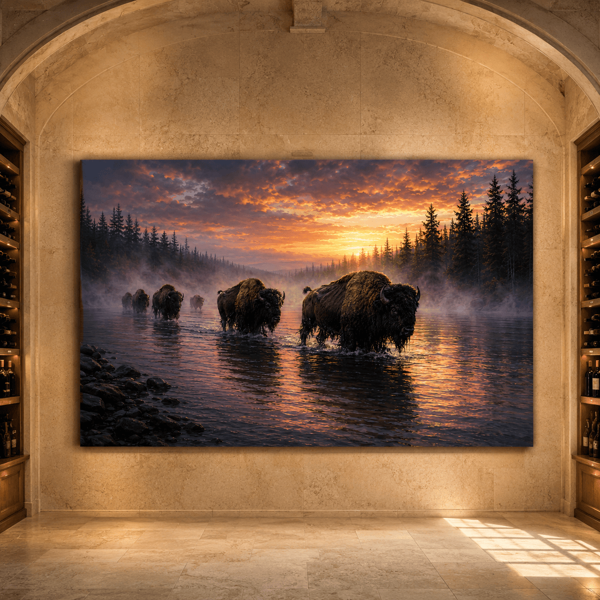 Bison Herd Crossing Misty River Wrapped Canvas Wall Art – Atmospheric Sunset Wildlife Print - ART OF ROYALS
