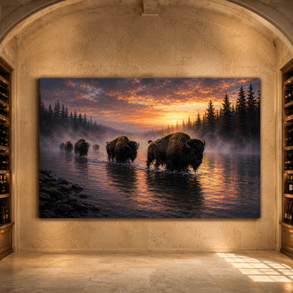 Bison Herd Crossing Misty River Wrapped Canvas Wall Art – Atmospheric Sunset Wildlife Print - ART OF ROYALS