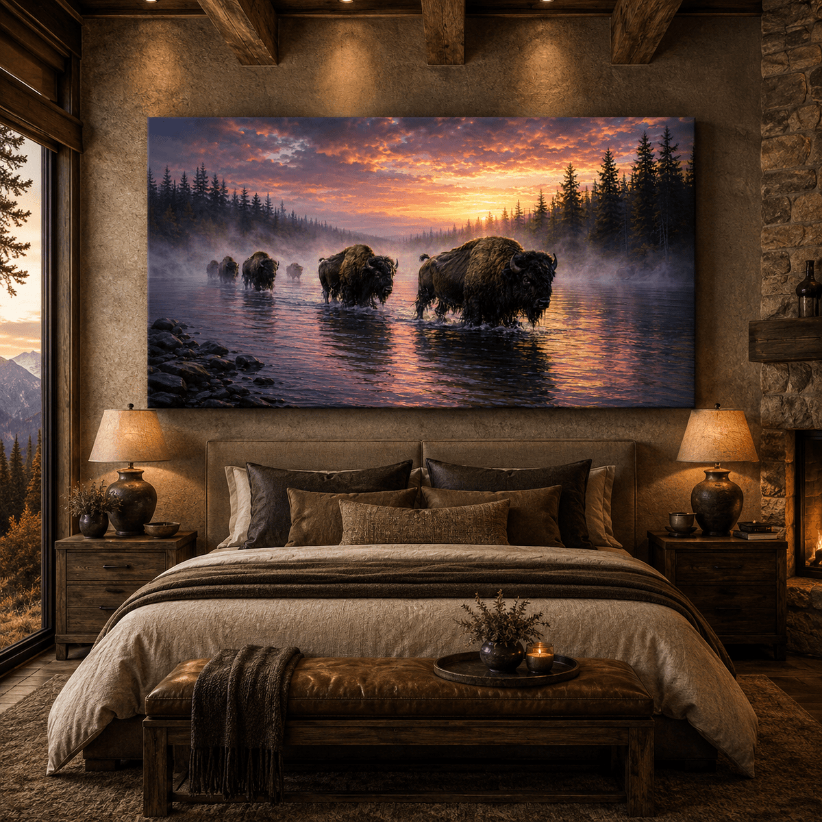 Bison Herd Crossing Misty River Wrapped Canvas Wall Art – Atmospheric Sunset Wildlife Print - ART OF ROYALS