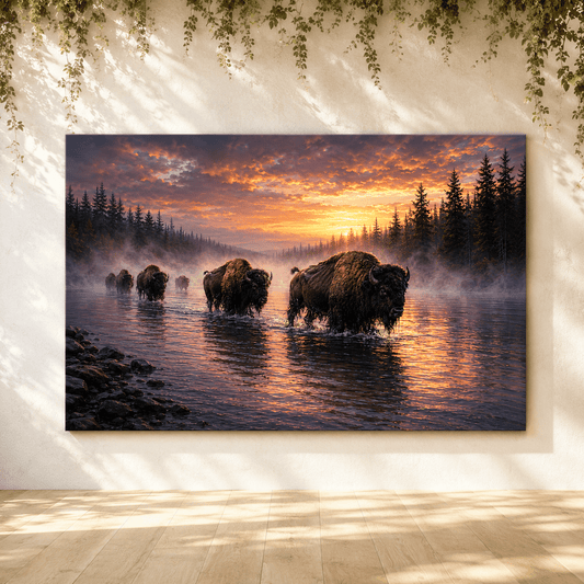 Bison Herd Crossing Misty River Wrapped Canvas Wall Art – Atmospheric Sunset Wildlife Print - ART OF ROYALS