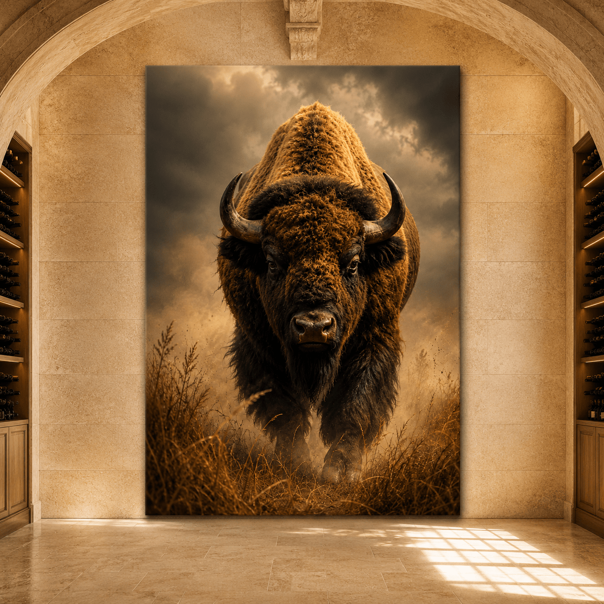 Bison Emerging from Storm Mist Wrapped Canvas Wall Art – Intense Vertical Wildlife Print - ART OF ROYALS