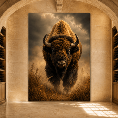Bison Emerging from Storm Mist Wrapped Canvas Wall Art – Intense Vertical Wildlife Print - ART OF ROYALS
