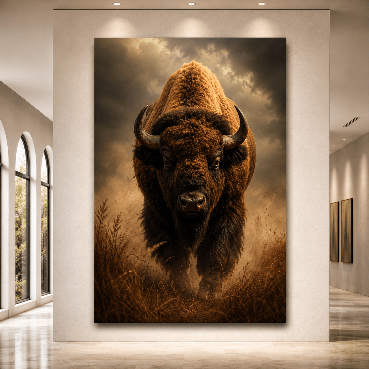 Bison Emerging from Storm Mist Wrapped Canvas Wall Art – Intense Vertical Wildlife Print - ART OF ROYALS