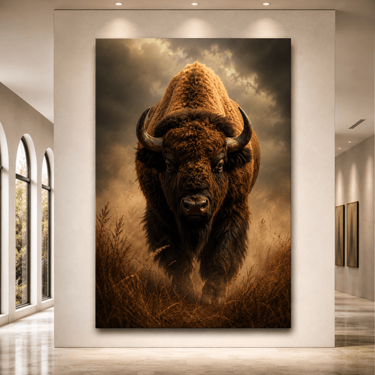 Bison Emerging from Storm Mist Wrapped Canvas Wall Art – Intense Vertical Wildlife Print - ART OF ROYALS