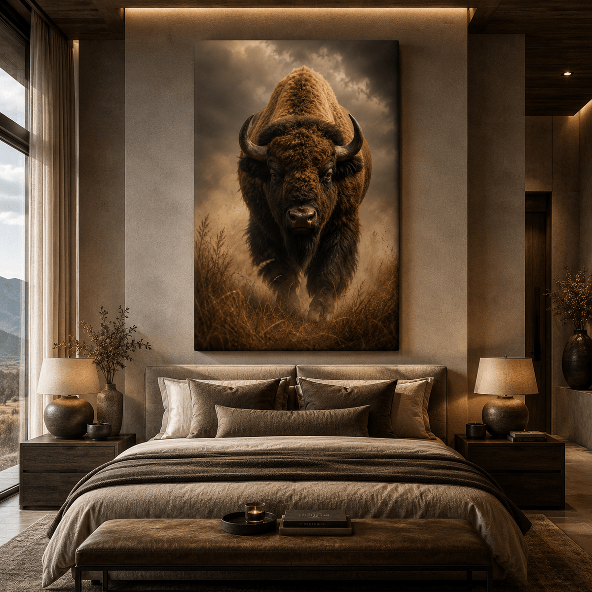 Bison Emerging from Storm Mist Wrapped Canvas Wall Art – Intense Vertical Wildlife Print - ART OF ROYALS