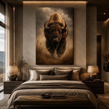 Bison Emerging from Storm Mist Wrapped Canvas Wall Art – Intense Vertical Wildlife Print - ART OF ROYALS