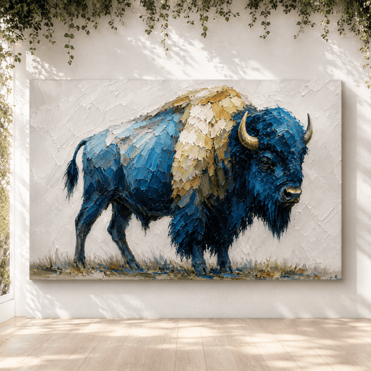 Blue Impasto Bison Wrapped Canvas Wall Art – Modern Minimalist Wildlife Painting Print - ART OF ROYALS