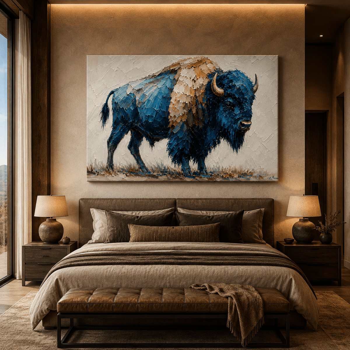 Blue Impasto Bison Wrapped Canvas Wall Art – Modern Minimalist Wildlife Painting Print - ART OF ROYALS