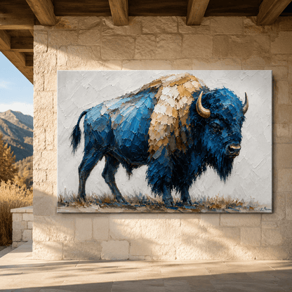 Blue Impasto Bison Wrapped Canvas Wall Art – Modern Minimalist Wildlife Painting Print - ART OF ROYALS