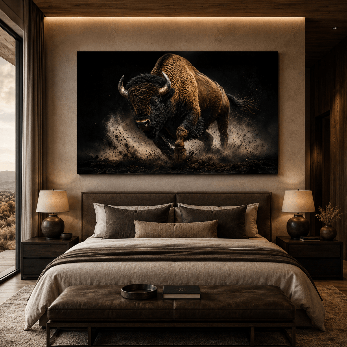 Bison Charging in Studio Light Wrapped Canvas Wall Art – Dramatic Black Background Print - ART OF ROYALS