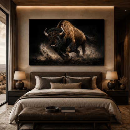 Bison Charging in Studio Light Wrapped Canvas Wall Art – Dramatic Black Background Print - ART OF ROYALS