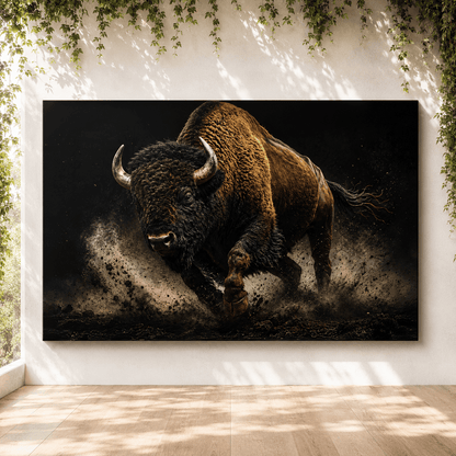 Bison Charging in Studio Light Wrapped Canvas Wall Art – Dramatic Black Background Print - ART OF ROYALS