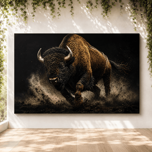Bison Charging in Studio Light Wrapped Canvas Wall Art – Dramatic Black Background Print - ART OF ROYALS