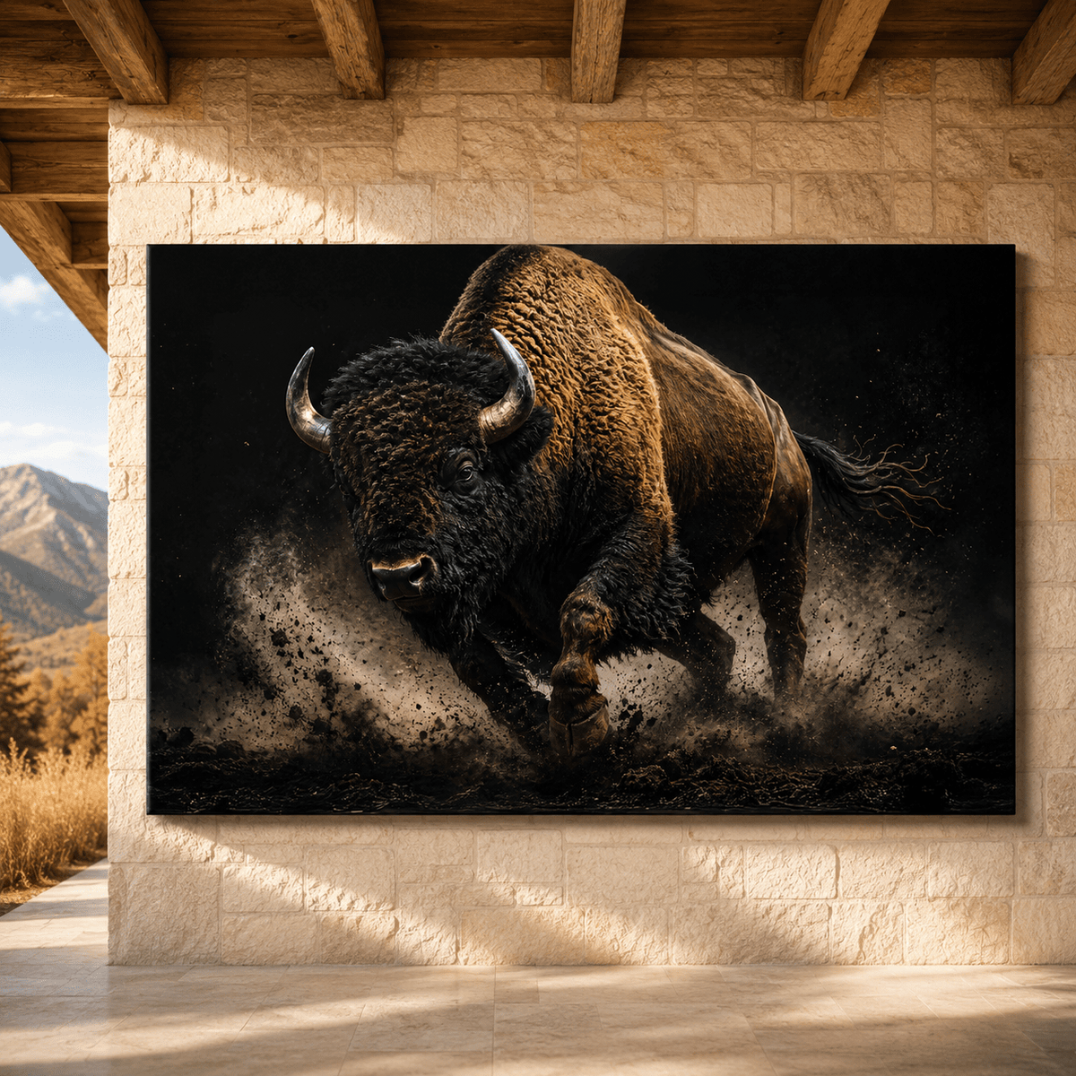 Bison Charging in Studio Light Wrapped Canvas Wall Art – Dramatic Black Background Print - ART OF ROYALS