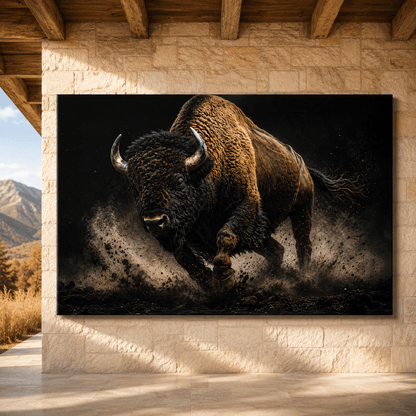 Bison Charging in Studio Light Wrapped Canvas Wall Art – Dramatic Black Background Print - ART OF ROYALS
