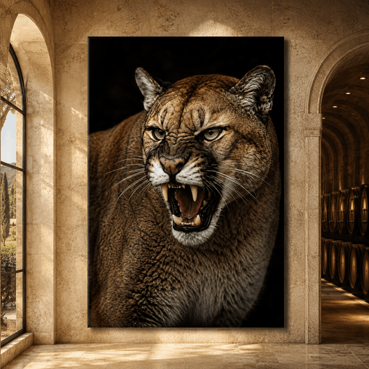Snarling Cougar Studio Portrait Wrapped Canvas Wall Art – Fierce Wildlife Photography Print - ART OF ROYALS