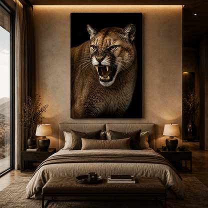 Snarling Cougar Studio Portrait Wrapped Canvas Wall Art – Fierce Wildlife Photography Print - ART OF ROYALS