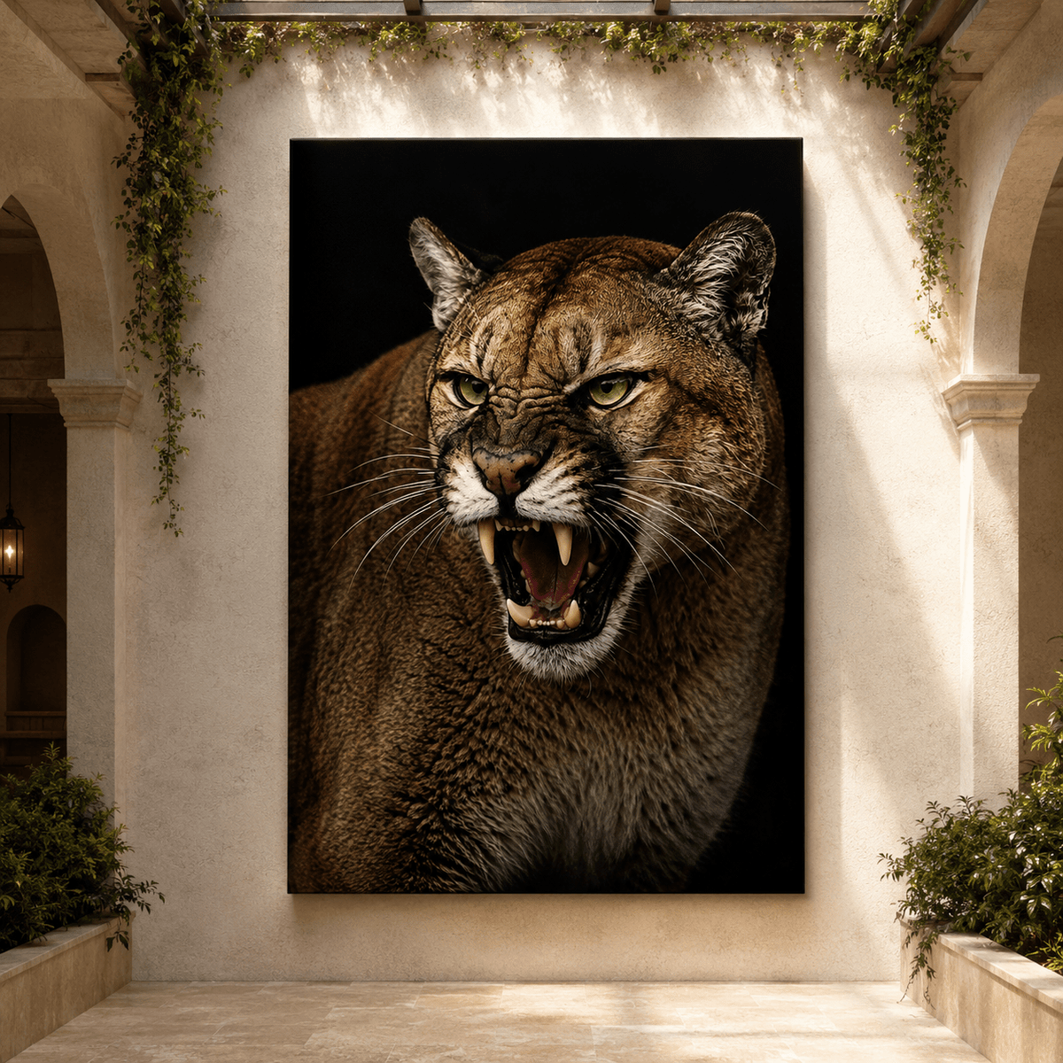 Snarling Cougar Studio Portrait Wrapped Canvas Wall Art – Fierce Wildlife Photography Print - ART OF ROYALS