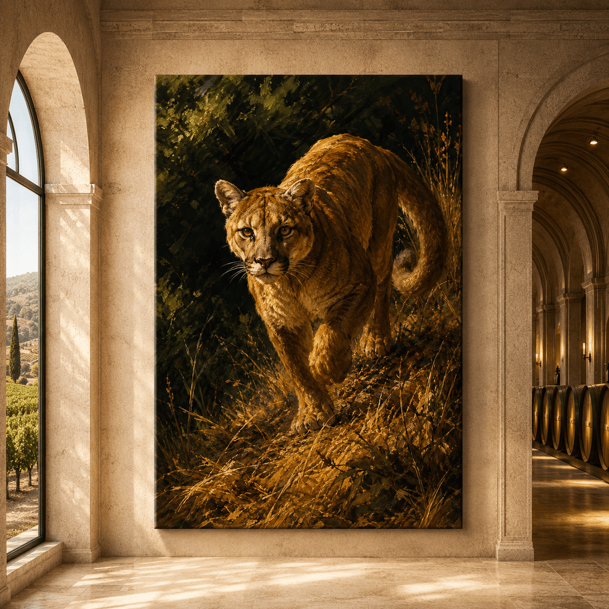 Prowling Cougar in Golden Grass Wrapped Canvas Wall Art – Classical Oil Painting Print - ART OF ROYALS
