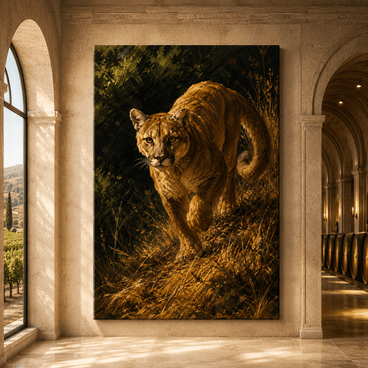 Prowling Cougar in Golden Grass Wrapped Canvas Wall Art – Classical Oil Painting Print - ART OF ROYALS