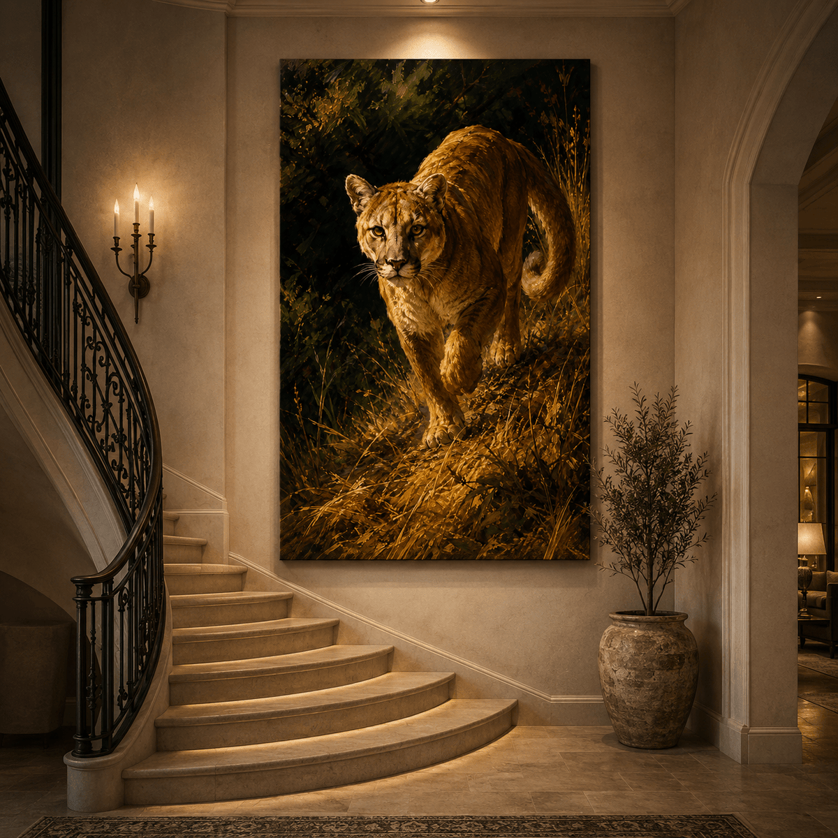 Prowling Cougar in Golden Grass Wrapped Canvas Wall Art – Classical Oil Painting Print - ART OF ROYALS