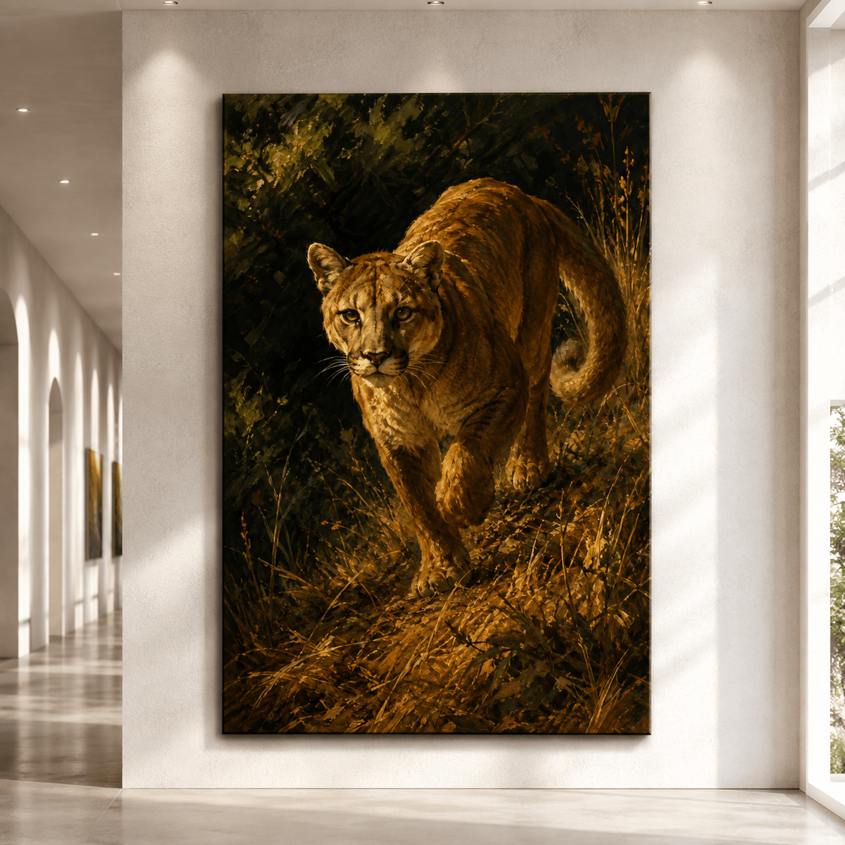 Prowling Cougar in Golden Grass Wrapped Canvas Wall Art – Classical Oil Painting Print - ART OF ROYALS