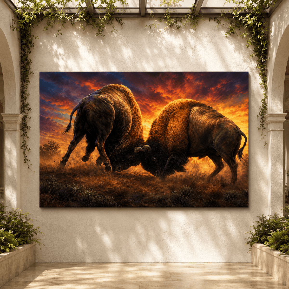 Bison Battle at Sunset Wrapped Canvas Wall Art – Epic Dueling Wildlife Photography Print - ART OF ROYALS