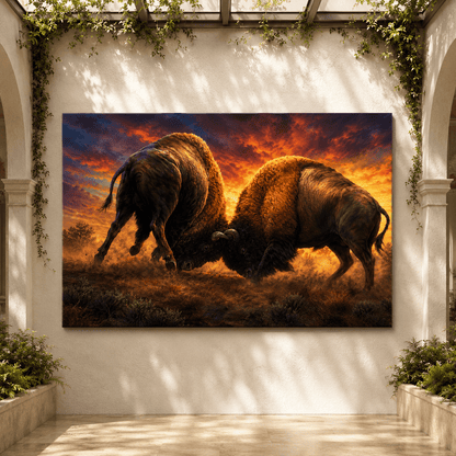 Bison Battle at Sunset Wrapped Canvas Wall Art – Epic Dueling Wildlife Photography Print - ART OF ROYALS