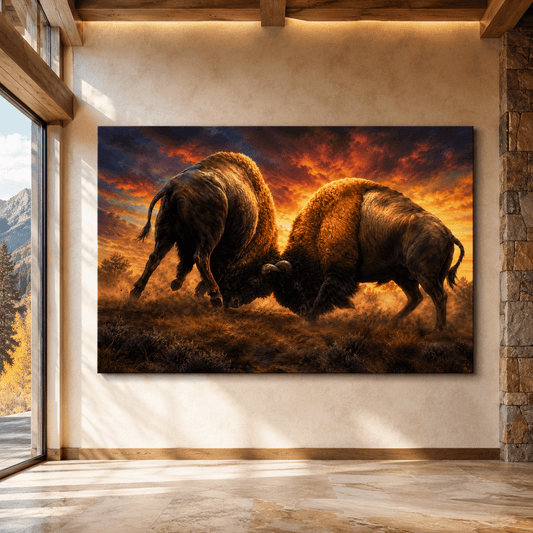 Bison Battle at Sunset Wrapped Canvas Wall Art – Epic Dueling Wildlife Photography Print - ART OF ROYALS