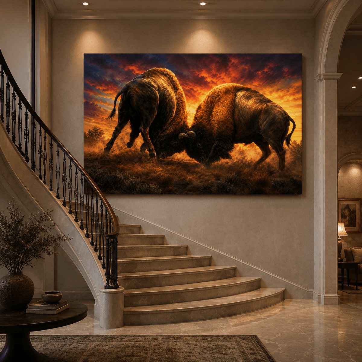 Bison Battle at Sunset Wrapped Canvas Wall Art – Epic Dueling Wildlife Photography Print - ART OF ROYALS