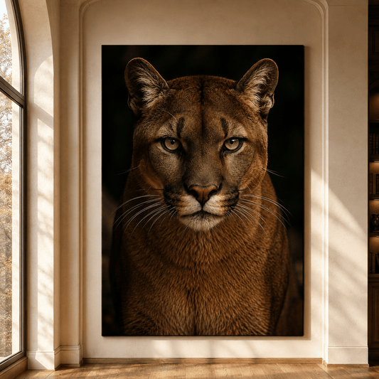 Cougar Direct Gaze Studio Portrait Wrapped Canvas Wall Art – Majestic Wildlife Photography Print - ART OF ROYALS