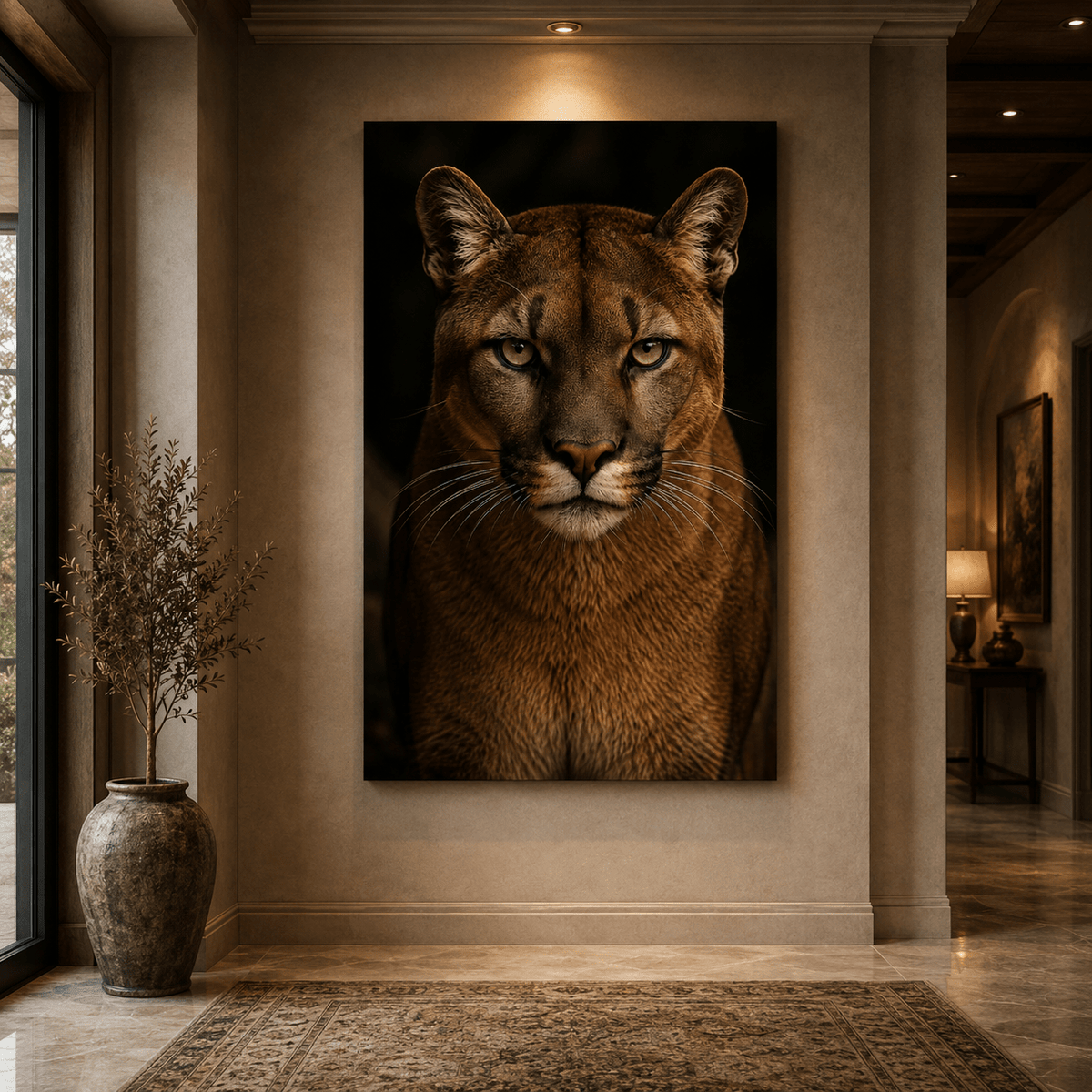 Cougar Direct Gaze Studio Portrait Wrapped Canvas Wall Art – Majestic Wildlife Photography Print - ART OF ROYALS