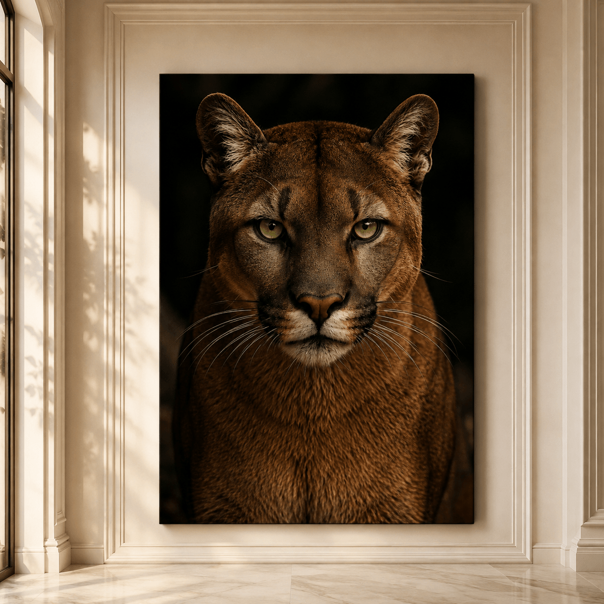 Cougar Direct Gaze Studio Portrait Wrapped Canvas Wall Art – Majestic Wildlife Photography Print - ART OF ROYALS