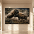 Bison Bulls Fighting in Dust Wrapped Canvas Wall Art – Explosive Wildlife Action Print